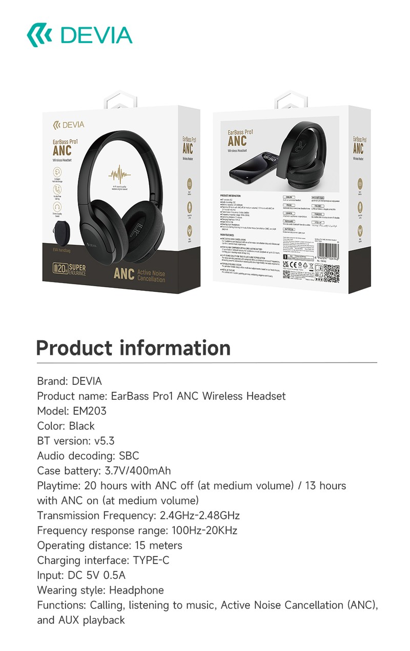 Casti over-ear Devia EarBass Pro1, Bluetooth, cu ANC, cu microfon, pliabile, negre