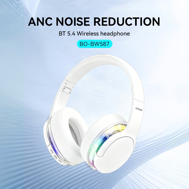 Casti over-ear BWOO BW587, Bluetooth, cu ANC, cu iluminare LED, negre