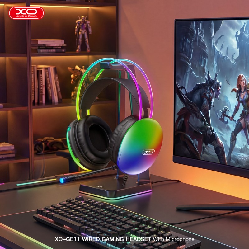 Casti gaming XO GE11, jack 3.5 mm si USB, LED RGB, cablu 205 cm,cu microfon, albe