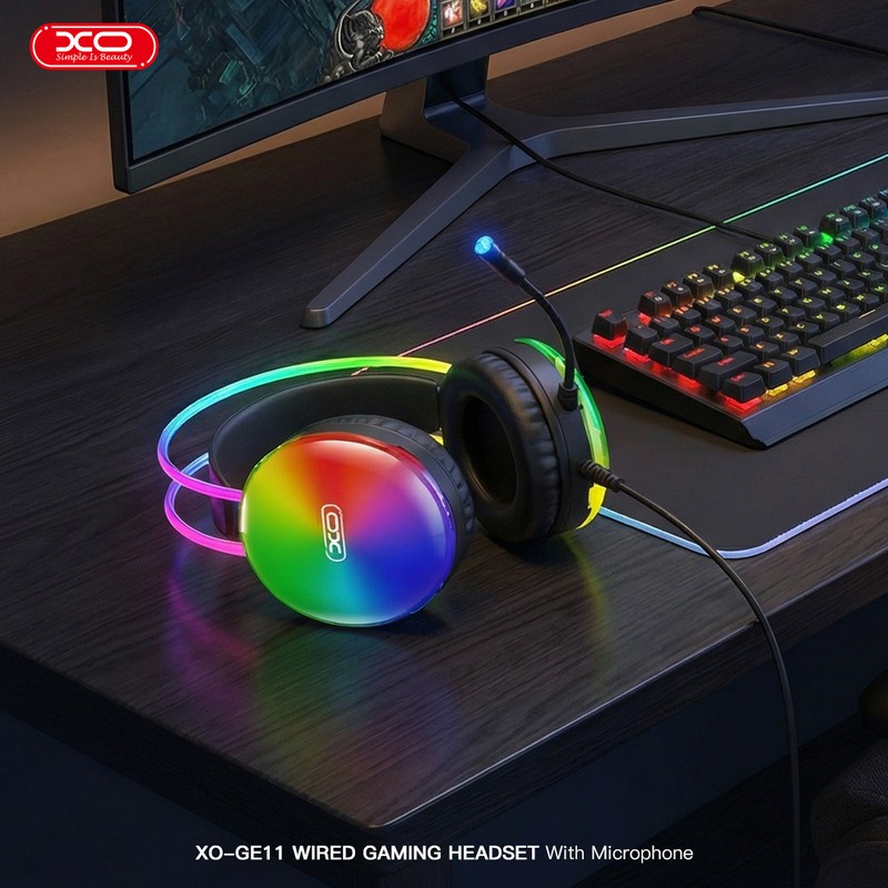 Casti gaming XO GE11, jack 3.5 mm si USB, LED RGB, cablu 205 cm,cu microfon, albe