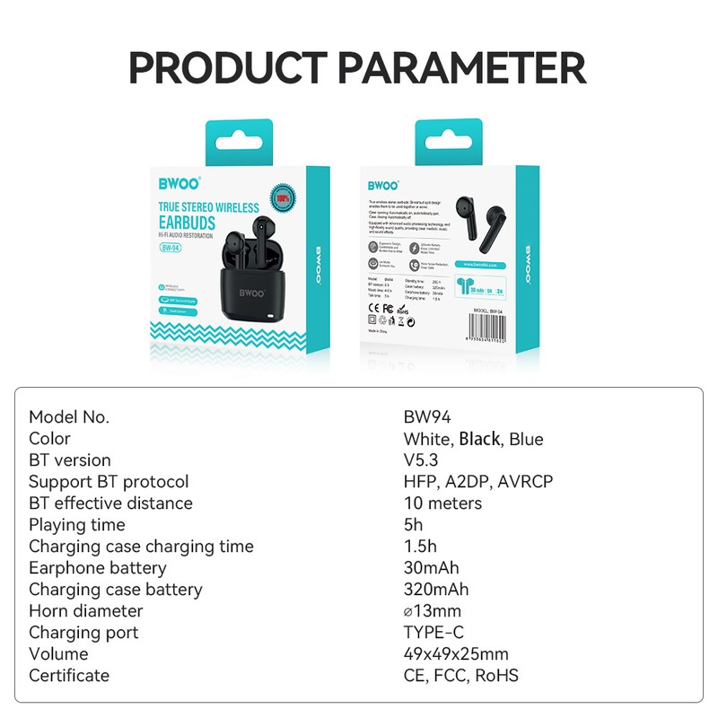 Casti true wireless BWOO BW94, Bluetooth, negre
