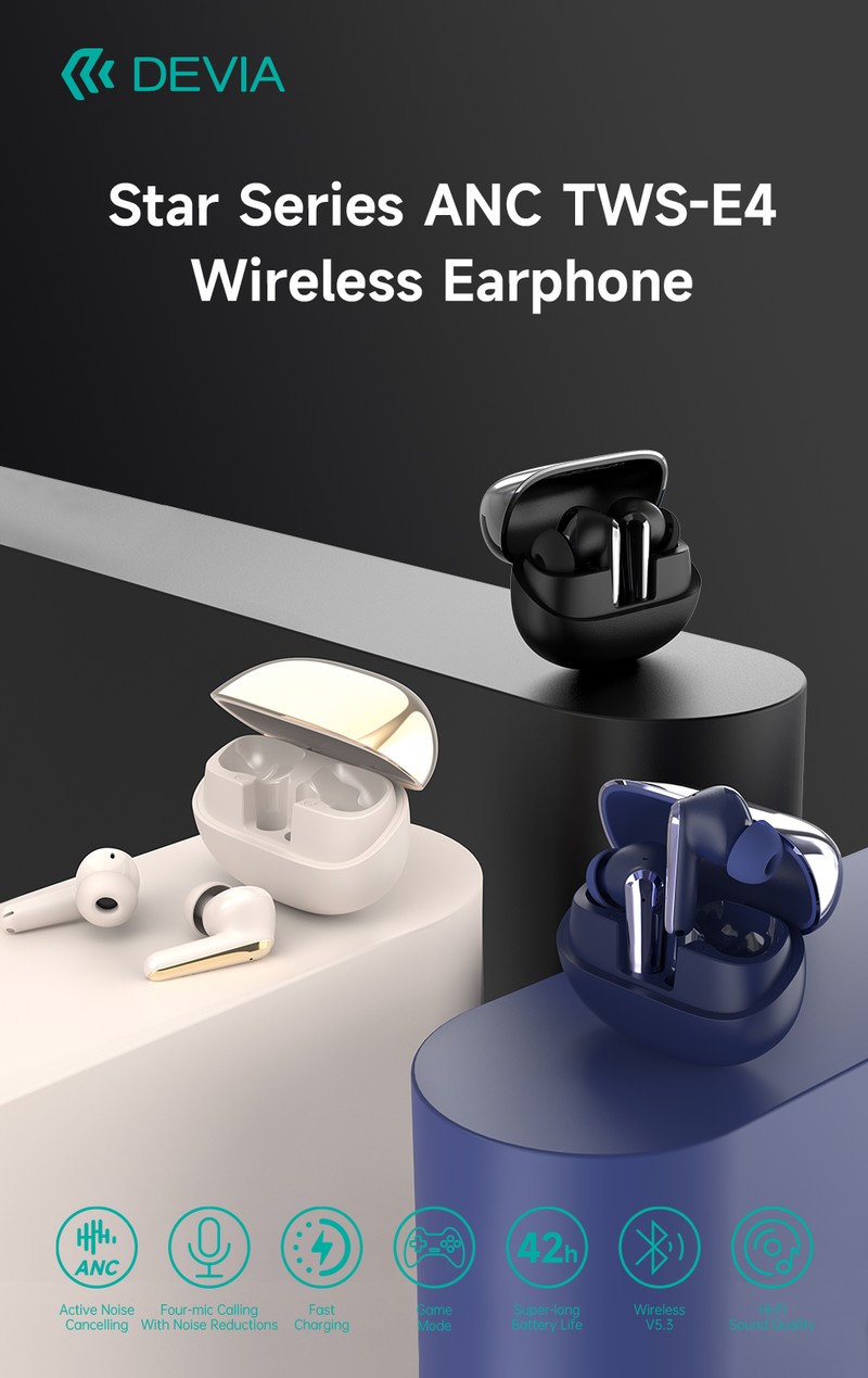 Casti true wireless Devia TWS Star E4, Bluetooth, cu ANC, cu microfon, pentru sport, negre