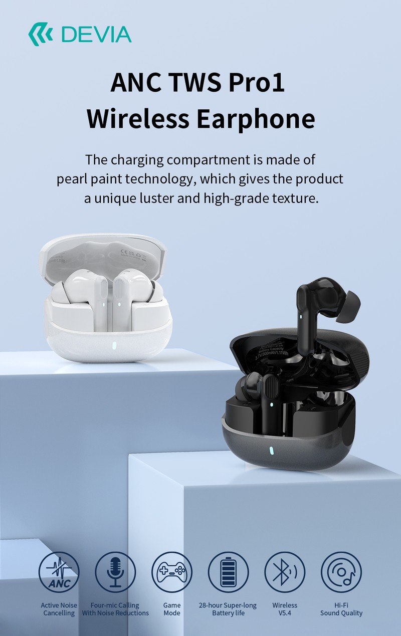 Casti true wireless Devia TWS Pro 1, Bluetooth, cu ANC, cu microfon, pentru sport, negre