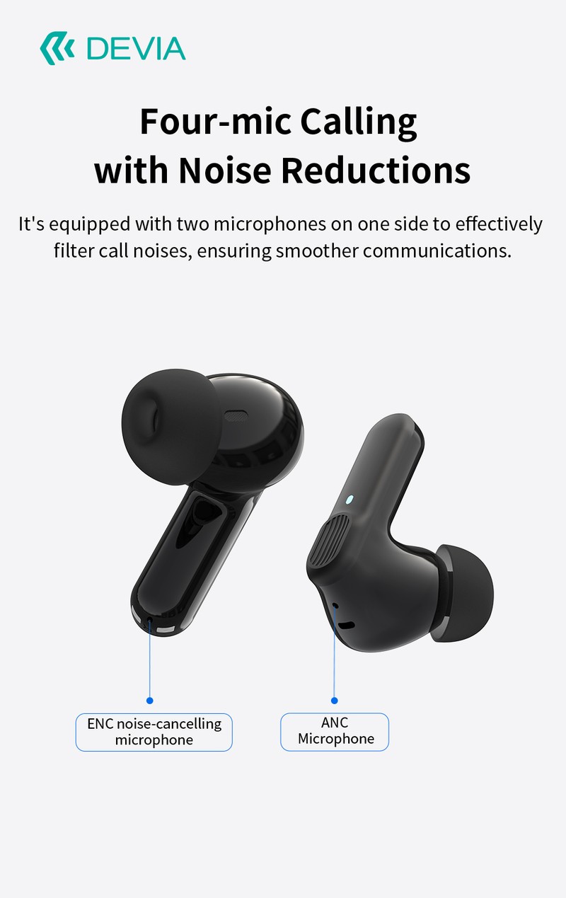 Casti true wireless Devia TWS Pro 1, Bluetooth, cu ANC, cu microfon, pentru sport, negre