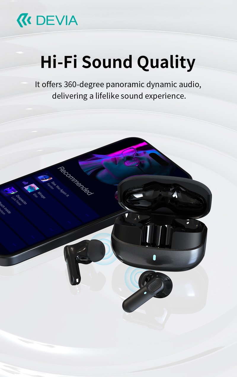 Casti true wireless Devia TWS Pro 1, Bluetooth, cu ANC, cu microfon, pentru sport, negre