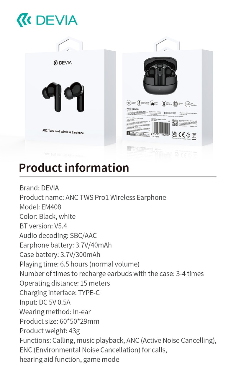 Casti true wireless Devia TWS Pro 1, Bluetooth, cu ANC, cu microfon, pentru sport, negre