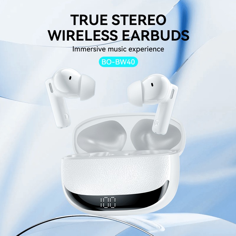 Casti true wireless BWOO BW40, Bluetooth, cu ANC, cu iluminare LED, albe
