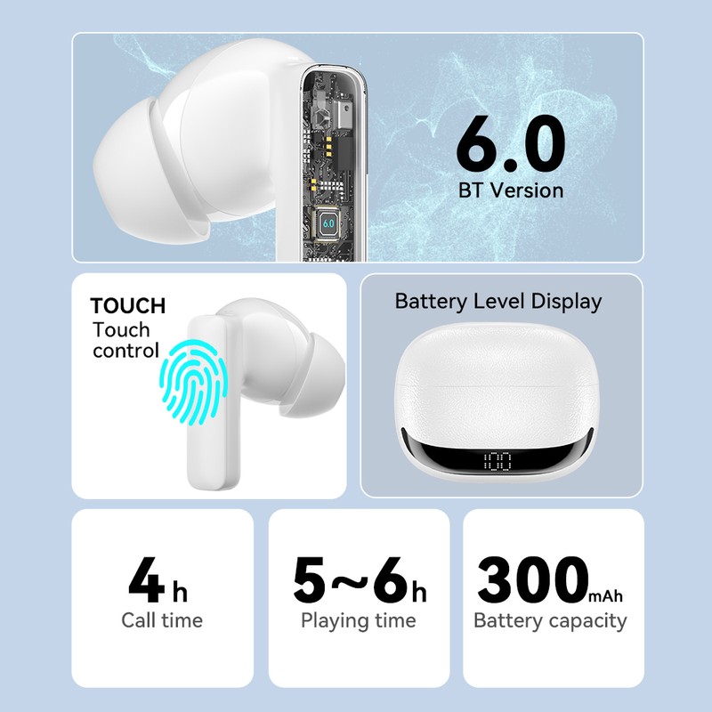 Casti true wireless BWOO BW40, Bluetooth, cu ANC, cu iluminare LED, albe