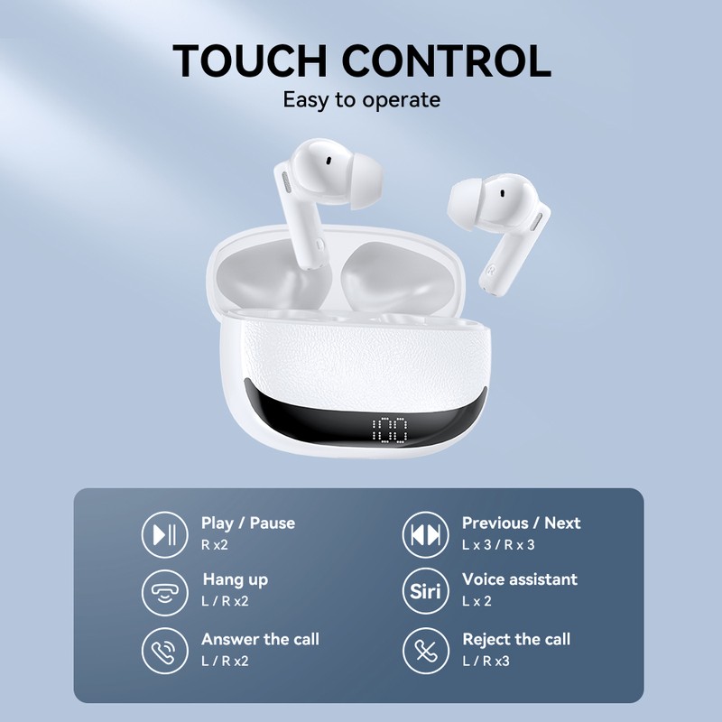 Casti true wireless BWOO BW40, Bluetooth, cu ANC, cu iluminare LED, albe