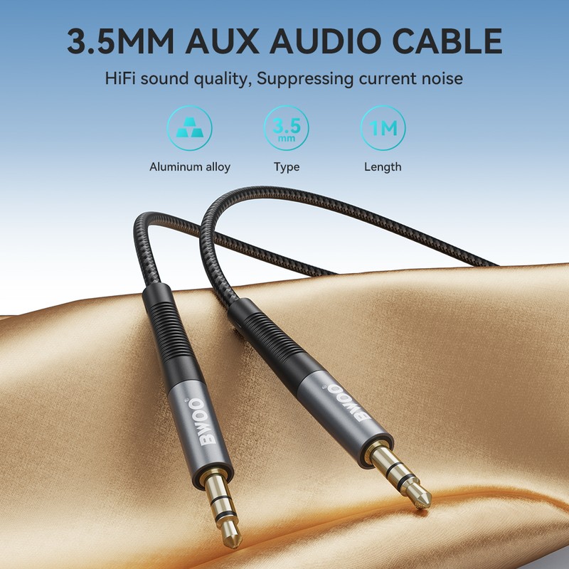 Cablu audio AUX, BO-AUX064, lungime 100cm, conectori jack 3.5mm tata-tata cu carcasa din aliaj aluminiu, invelis exterior din nailon impletit, in blister, negru