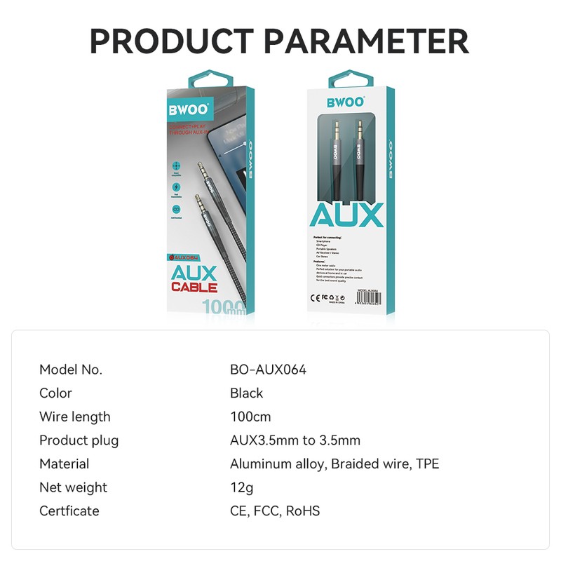 Cablu audio AUX, BO-AUX064, lungime 100cm, conectori jack 3.5mm tata-tata cu carcasa din aliaj aluminiu, invelis exterior din nailon impletit, in blister, negru