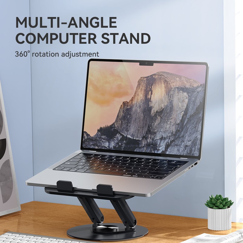 Suport pliabil din aluminiu, rotativ, pentru tableta si laptop, incarcare maxima 5kg, dimensiuni 96 x 90 x 43mm, cu baza rotativa de 360°, ajustabil pe inaltime si cu rotire la 180°, negru