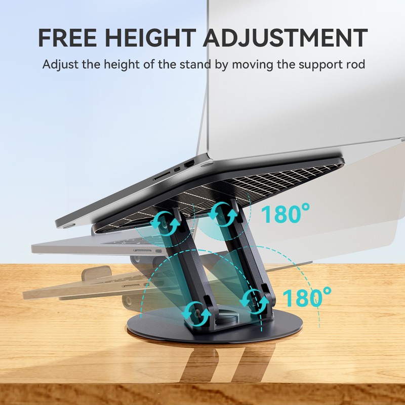 Suport pliabil din aluminiu, rotativ, pentru tableta si laptop, incarcare maxima 5kg, dimensiuni 96 x 90 x 43mm, cu baza rotativa de 360°, ajustabil pe inaltime si cu rotire la 180°, negru