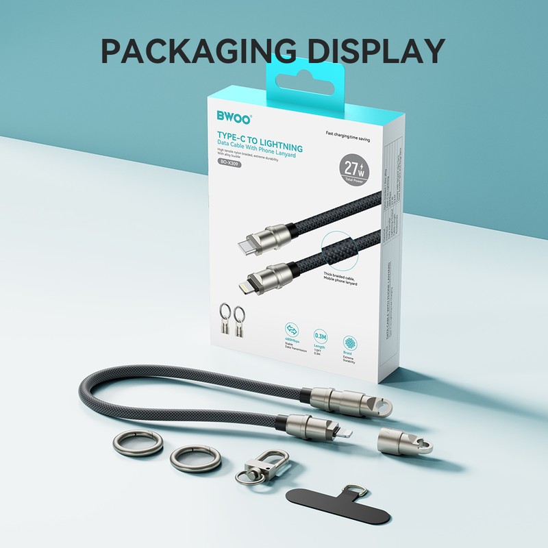 Cablu tip snur bratara, conectori USB-C tata la tip lightning tata, lungime 0.3 m, 27 W, BWOO Lanyard Data Cable, cu insertie si carabina de prindere inclusa pentru montarea la carcasa telefonului, in blister