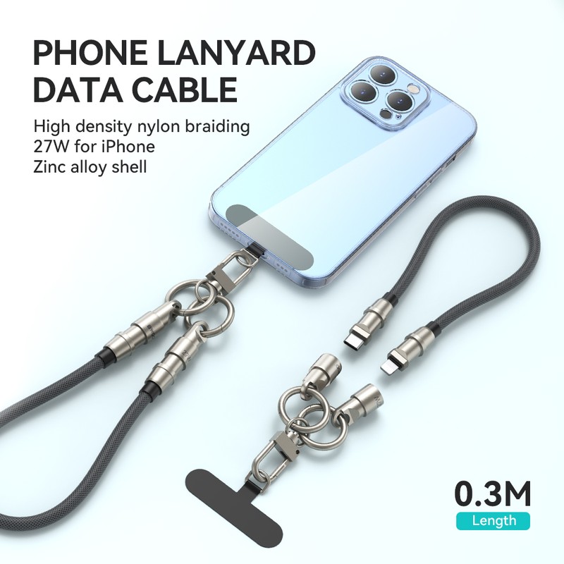 Cablu tip snur de gat, conectori USB-C tata la tip lightning tata, lungime 1.2 m, 27 W, BWOO Lanyard Data Cable, cu insertie si carabina de prindere inclusa pentru montarea la carcasa telefonului, in blister