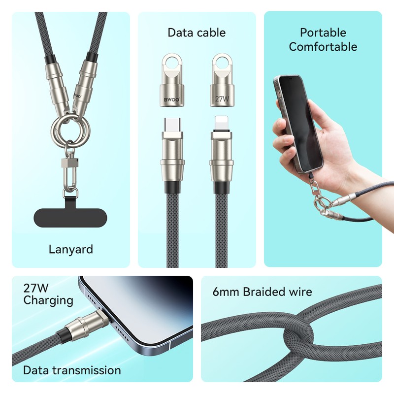 Cablu tip snur de gat, conectori USB-C tata la tip lightning tata, lungime 1.2 m, 27 W, BWOO Lanyard Data Cable, cu insertie si carabina de prindere inclusa pentru montarea la carcasa telefonului, in blister