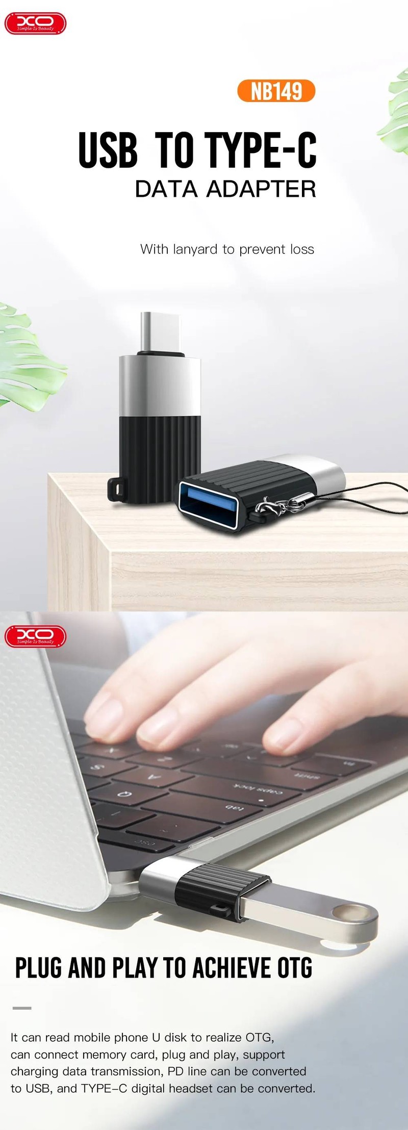 Adaptor OTG XO NB149-F, conectori USB-C tata la USB 2.0 mama, pentru date si incarcare, in cutie, negru