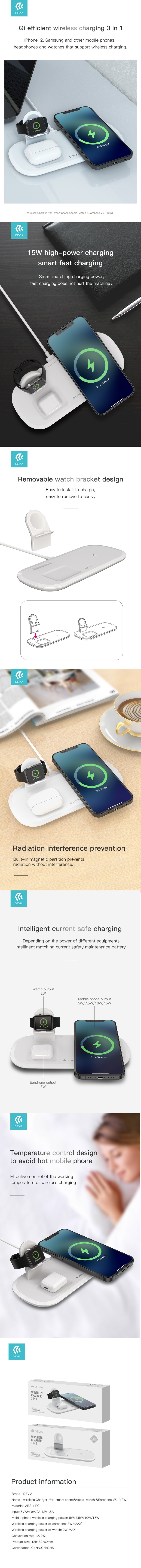 Incarcator wireless Devia 3in1, 15 W, 2A, Qi, pentru smartphones, smartwatches si casti wireless, dimensiuni 185 x 82 x 60mm, alb