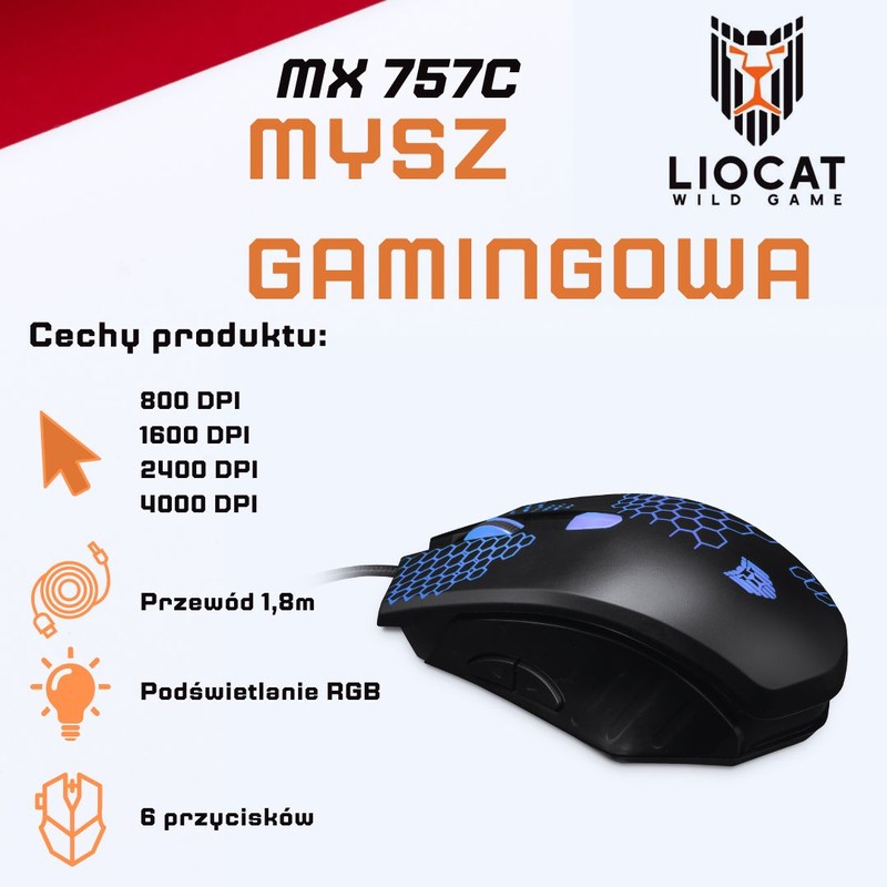 Mouse Liocat gaming Mx 757C, cablu USB 1.8m, DPI 1200-3200, 6D, Negru