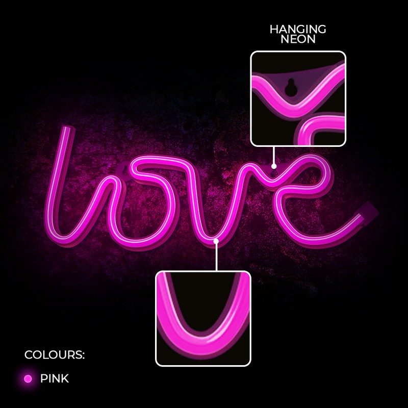 Neon LED Forever Light, Love, dimensiuni 350 x 20 x 130mm, cablu USB cu lungime 2m, alimentare USB sau 3xAA, roz