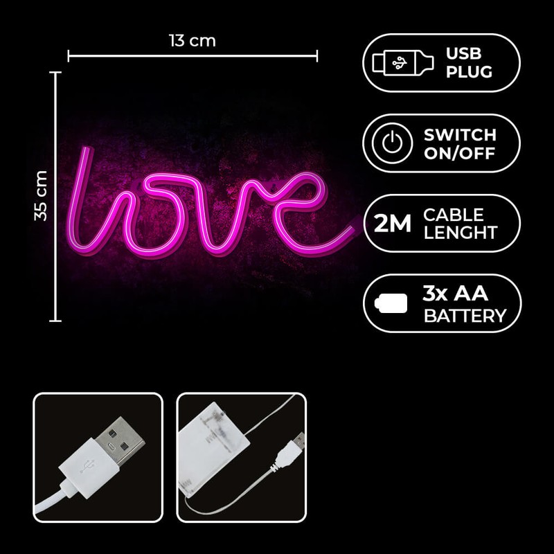 Neon LED Forever Light, Love, dimensiuni 350 x 20 x 130mm, cablu USB cu lungime 2m, alimentare USB sau 3xAA, roz