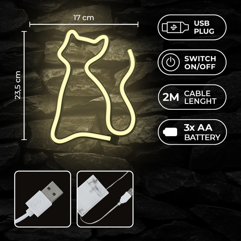 Neon LED Forever Light, Cat, dimensiuni 170 x 20 x 235mm, cablu USB cu lungime 2m, alimentare USB sau 3xAA, alb
