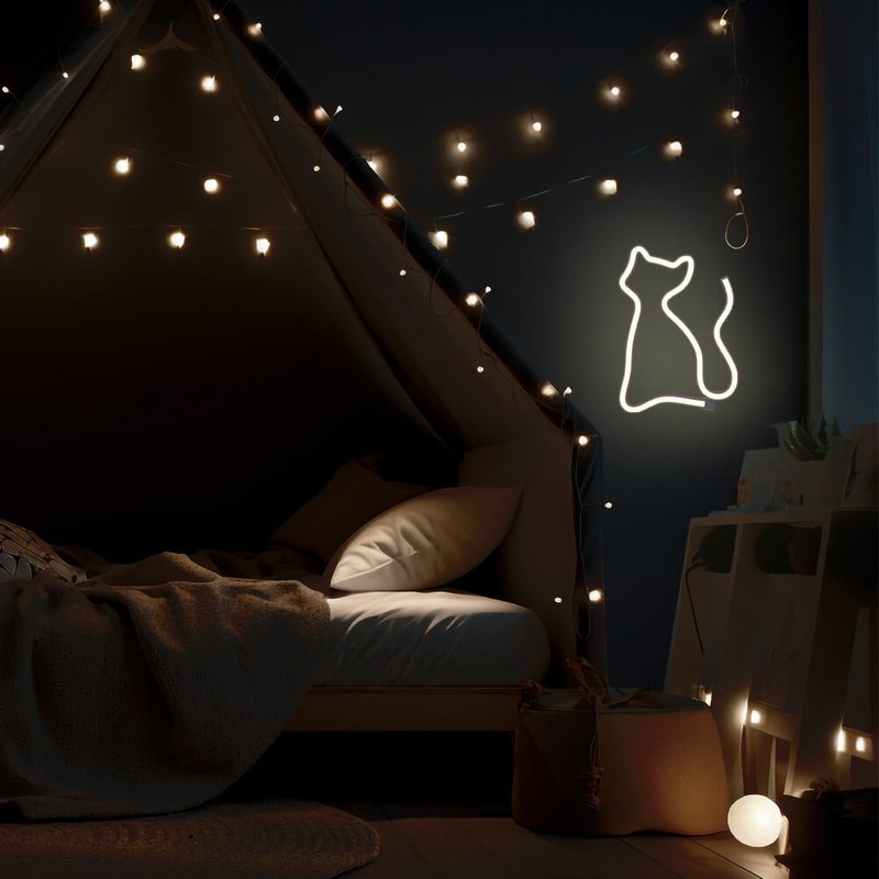 Neon LED Forever Light, Cat, dimensiuni 170 x 20 x 235mm, cablu USB cu lungime 2m, alimentare USB sau 3xAA, alb
