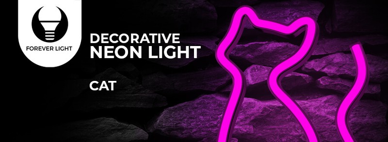 Neon LED Forever Light, Cat, dimensiuni 170 x 20 x 235mm, cablu USB cu lungime 2m, alimentare USB sau 3xAA, roz