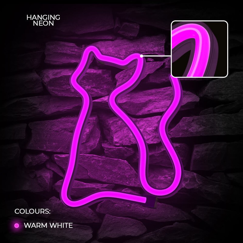 Neon LED Forever Light, Cat, dimensiuni 170 x 20 x 235mm, cablu USB cu lungime 2m, alimentare USB sau 3xAA, roz