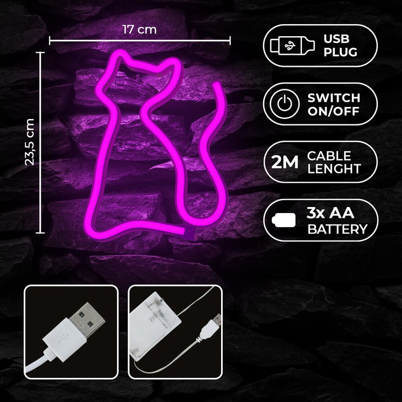 Neon LED Forever Light, Cat, dimensiuni 170 x 20 x 235mm, cablu USB cu lungime 2m, alimentare USB sau 3xAA, roz