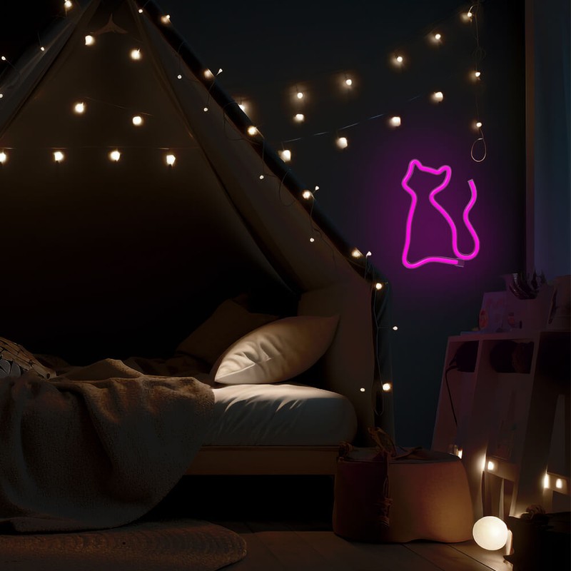 Neon LED Forever Light, Cat, dimensiuni 170 x 20 x 235mm, cablu USB cu lungime 2m, alimentare USB sau 3xAA, roz