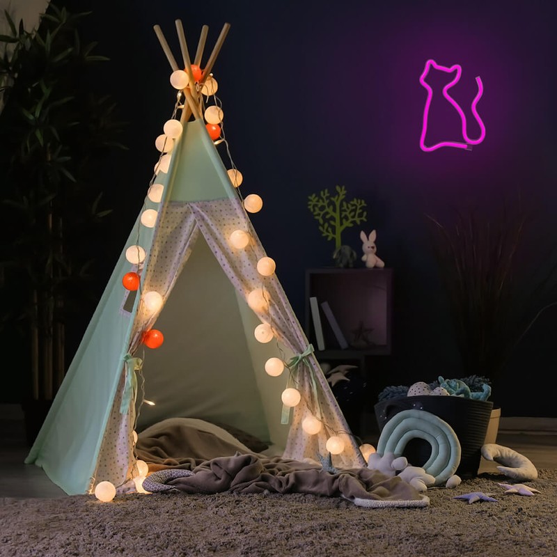 Neon LED Forever Light, Cat, dimensiuni 170 x 20 x 235mm, cablu USB cu lungime 2m, alimentare USB sau 3xAA, roz