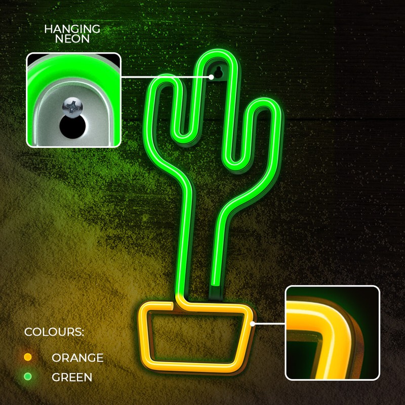 Neon LED Forever Light, Cactus, portocaliu verde, 25 lm dimensiuni 140 x 20 x 330mm, cablu USB cu lungime 2m, alimentare USB sau 3xAA