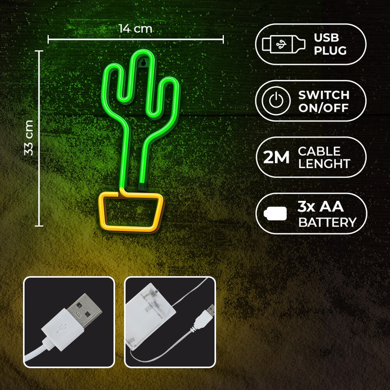 Neon LED Forever Light, Cactus, portocaliu verde, 25 lm dimensiuni 140 x 20 x 330mm, cablu USB cu lungime 2m, alimentare USB sau 3xAA