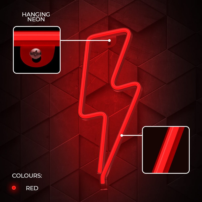 Neon LED Forever Light, Bolt, dimensiuni 130 x 20 x 340mm, cablu USB cu lungime 2m, alimentare USB sau 3xAA, rosu
