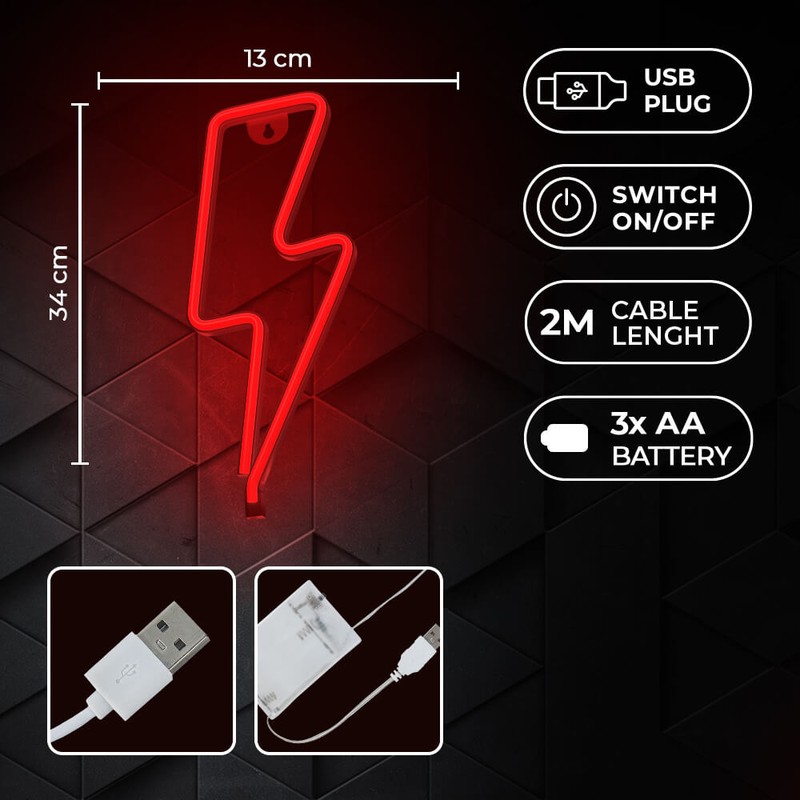 Neon LED Forever Light, Bolt, dimensiuni 130 x 20 x 340mm, cablu USB cu lungime 2m, alimentare USB sau 3xAA, rosu