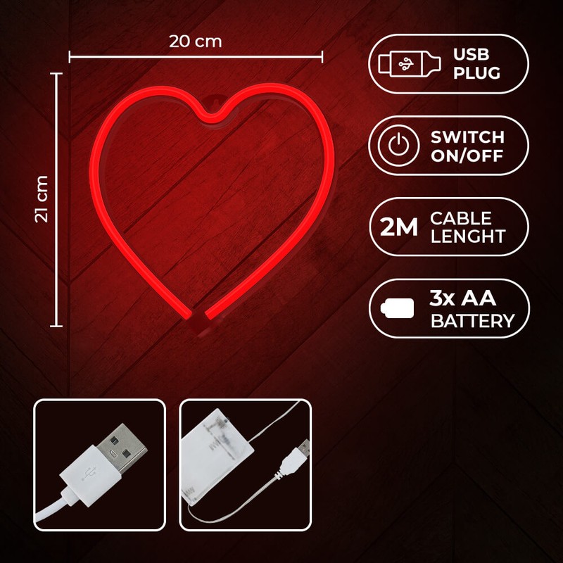Neon LED Forever Light, Heart, dimensiuni 200 x 20 x 210mm, cablu USB cu lungime 2m, alimentare USB sau 3AA, rosu