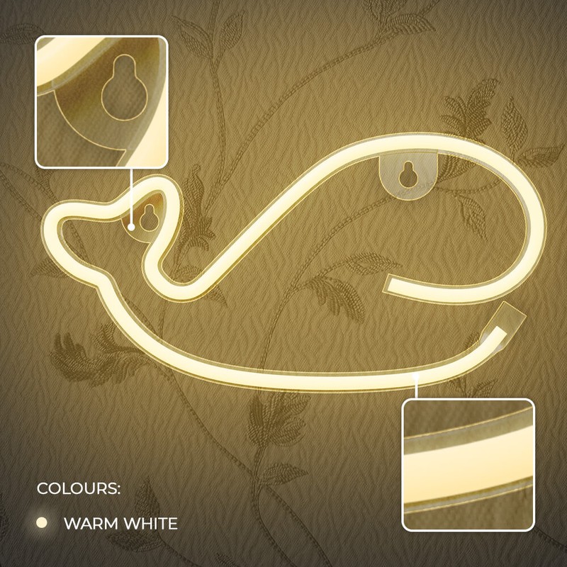 Neon LED Forever Light, Whale, dimensiuni 290 x 23 x 150mm, cablu USB cu lungime 2m, alimentare USB sau 3xAA, alb