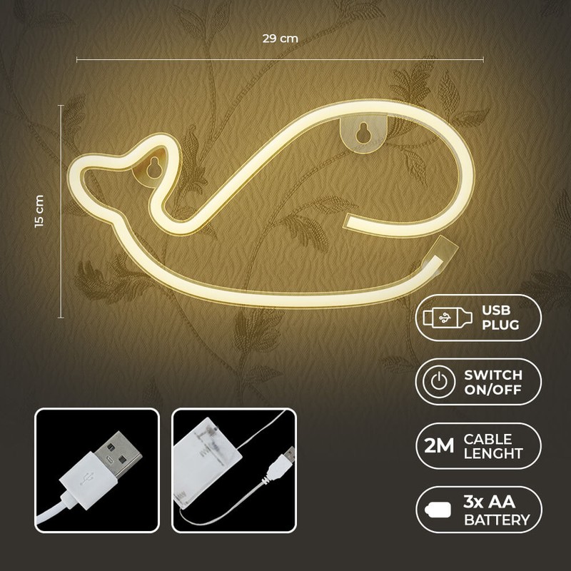 Neon LED Forever Light, Whale, dimensiuni 290 x 23 x 150mm, cablu USB cu lungime 2m, alimentare USB sau 3xAA, alb
