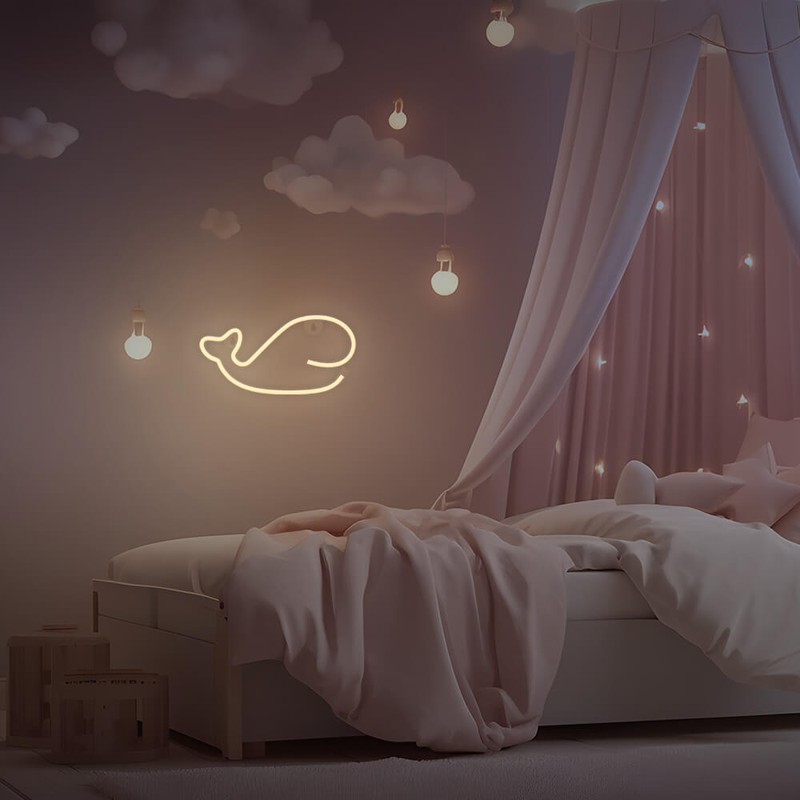 Neon LED Forever Light, Whale, dimensiuni 290 x 23 x 150mm, cablu USB cu lungime 2m, alimentare USB sau 3xAA, alb