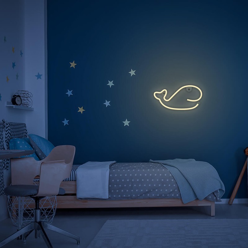 Neon LED Forever Light, Whale, dimensiuni 290 x 23 x 150mm, cablu USB cu lungime 2m, alimentare USB sau 3xAA, alb