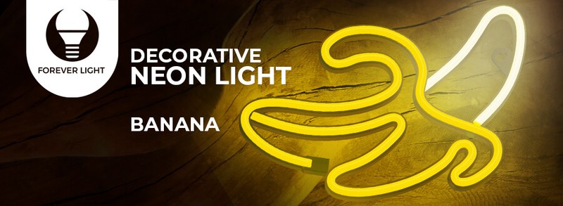 Neon LED Forever Light, Banana, alb galben, 131 lm, dimensiuni 196 x 20 x 285mm, cablu USB cu lungime 2m, alimentare USB 5V 1A sau 3xAA