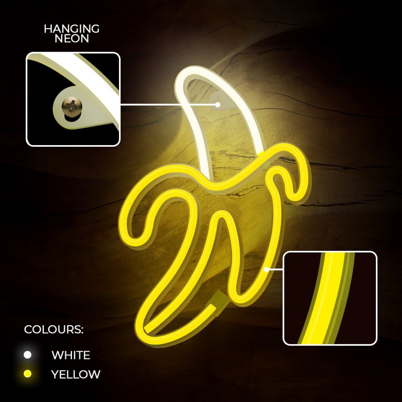 Neon LED Forever Light, Banana, alb galben, 131 lm, dimensiuni 196 x 20 x 285mm, cablu USB cu lungime 2m, alimentare USB 5V 1A sau 3xAA
