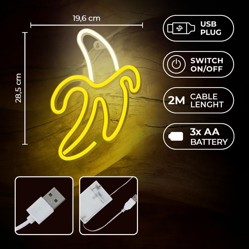 Neon LED Forever Light, Banana, alb galben, 131 lm, dimensiuni 196 x 20 x 285mm, cablu USB cu lungime 2m, alimentare USB 5V 1A sau 3xAA