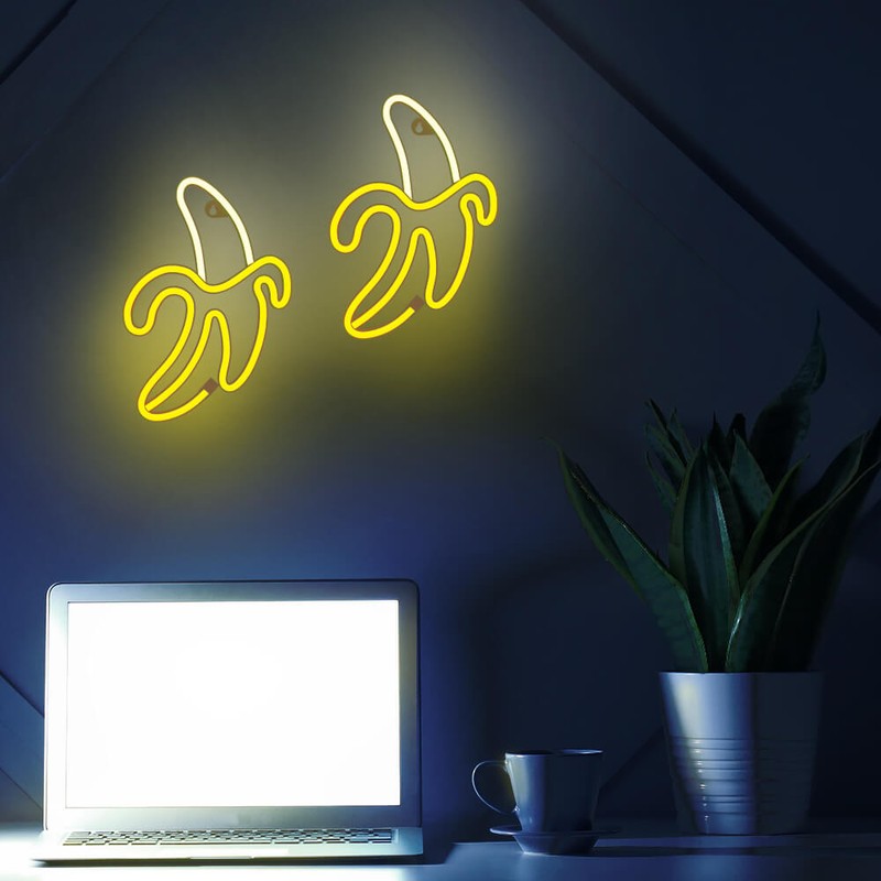 Neon LED Forever Light, Banana, alb galben, 131 lm, dimensiuni 196 x 20 x 285mm, cablu USB cu lungime 2m, alimentare USB 5V 1A sau 3xAA