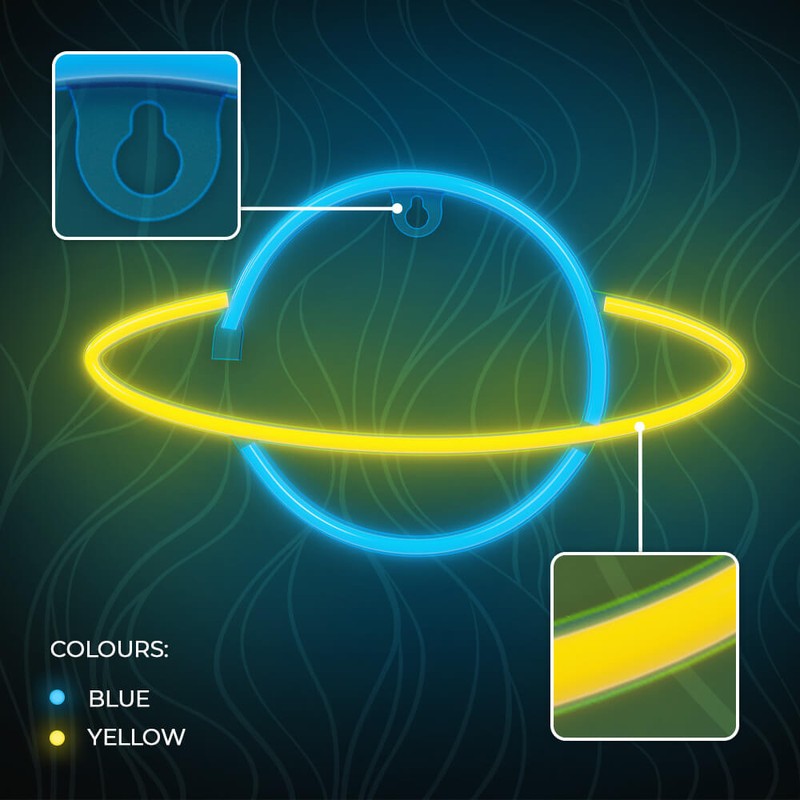Neon LED Forever Light, Saturn, galben albastru, dimensiuni 300 x 25 x 175mm, cablu USB cu lungime 2m, alimentare USB sau 3xAA