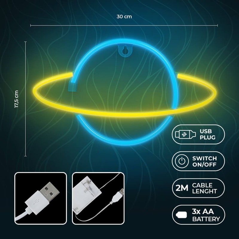 Neon LED Forever Light, Saturn, galben albastru, dimensiuni 300 x 25 x 175mm, cablu USB cu lungime 2m, alimentare USB sau 3xAA