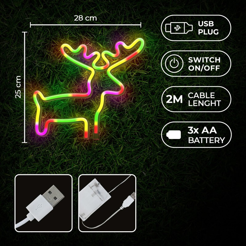 Neon LED Forever Light, Elk, dimensiuni 280 x 20 x 250mm, cablu USB cu lungime 2m, alimentare USB sau 3xAA, multicolor