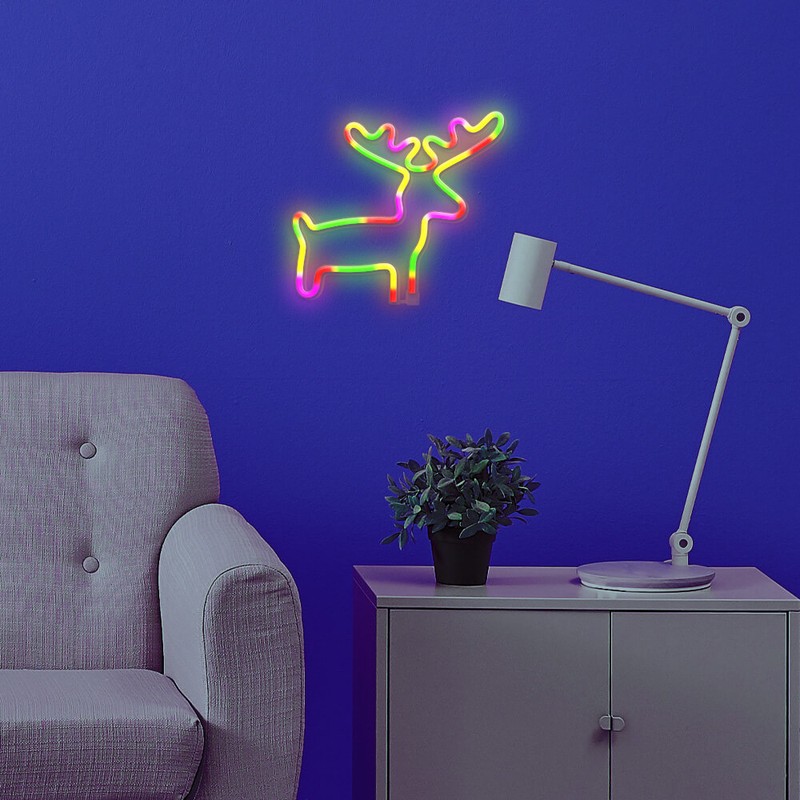 Neon LED Forever Light, Elk, dimensiuni 280 x 20 x 250mm, cablu USB cu lungime 2m, alimentare USB sau 3xAA, multicolor