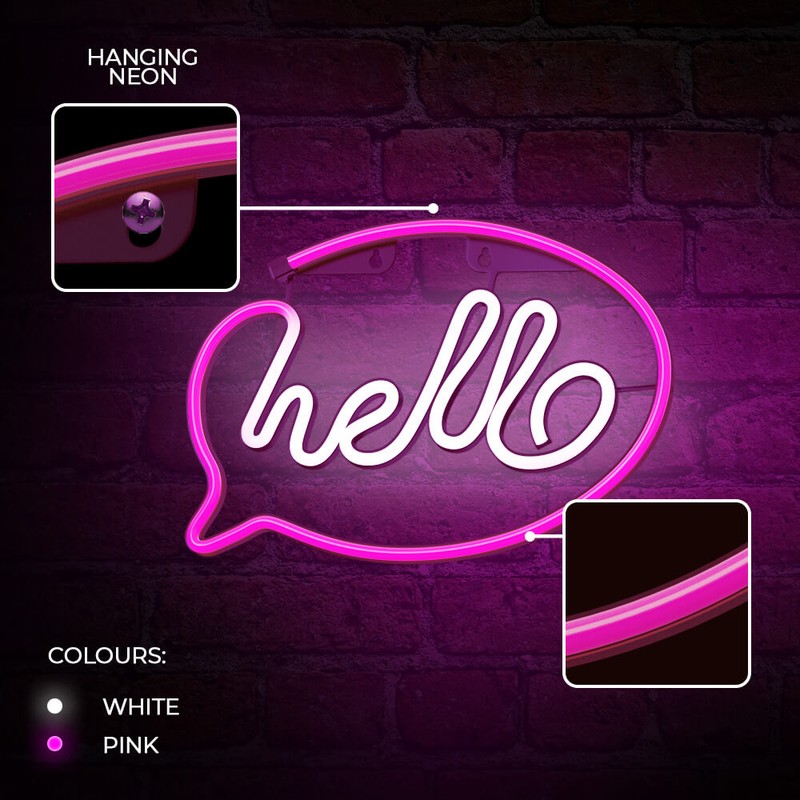 Neon LED Forever Light, Hello, dimensiuni 300 x 20 x 210mm, roz alb, cablu USB cu lungime 2m, alimentare USB sau 3xAA